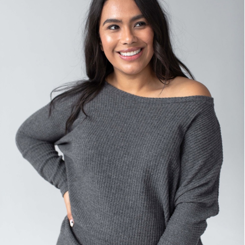 *NWT*  SAVVI Zadar Scoop Neck Waffle knit Dolman Sleeve Sweater Charcoal Grey